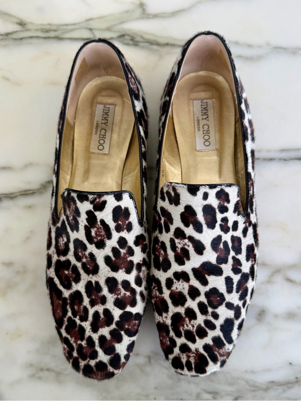 Jimmy Choo Calf Hair Leopard-Print Slip-On Loafers in White, Brown & Black